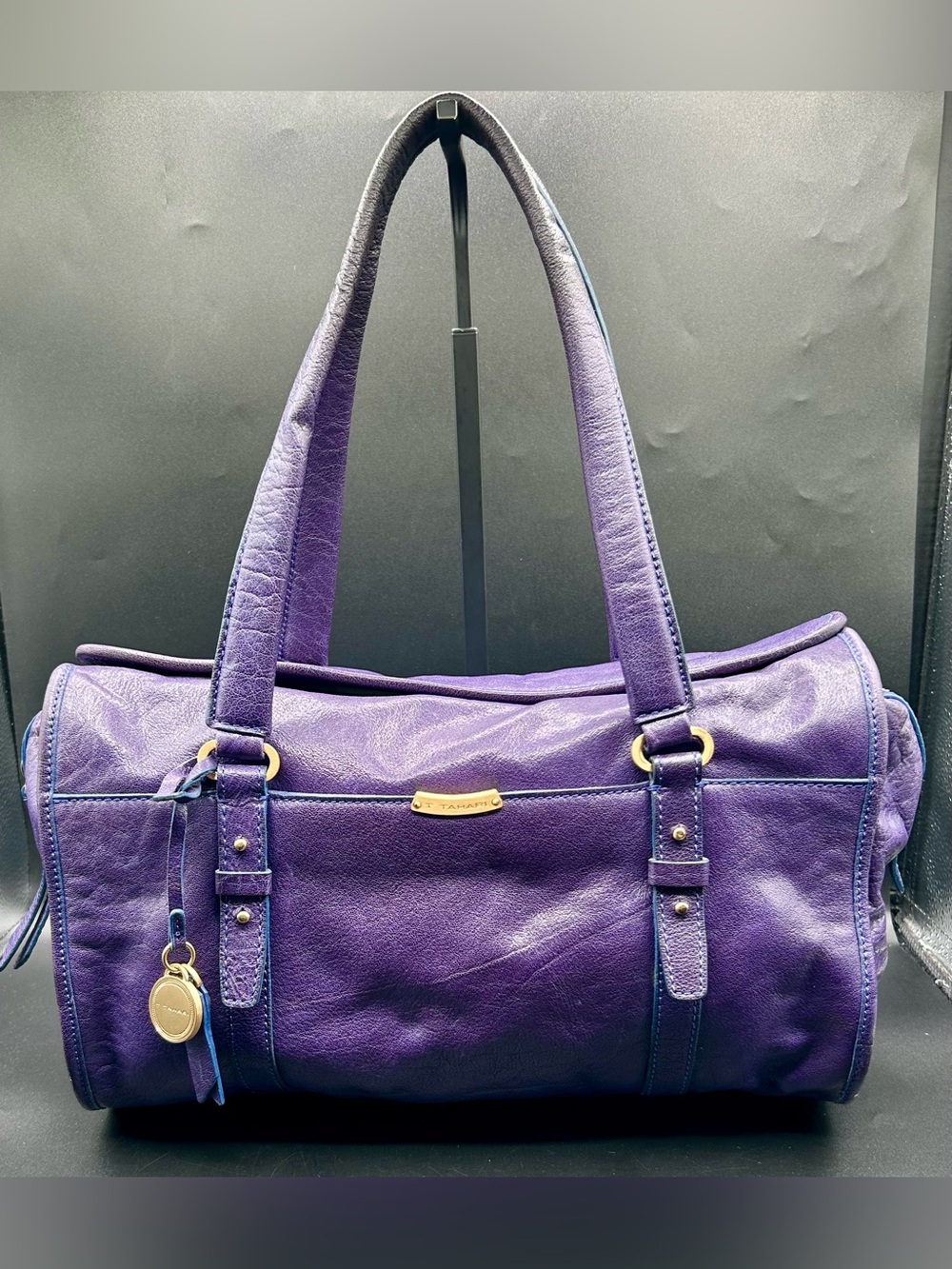TAHARI Shoulder Bag Authentic Purple Leather with Gold-Tone Hardware-Logo Charm